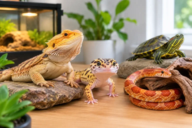 Best pet reptiles for beginners and low maintenance pets, including bearded dragon, leopard gecko, corn snake, and turtle.