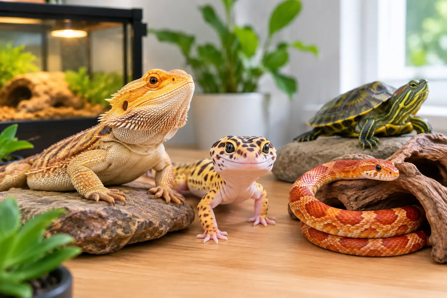 Best pet reptiles for beginners and low maintenance pets, including bearded dragon, leopard gecko, corn snake, and turtle.