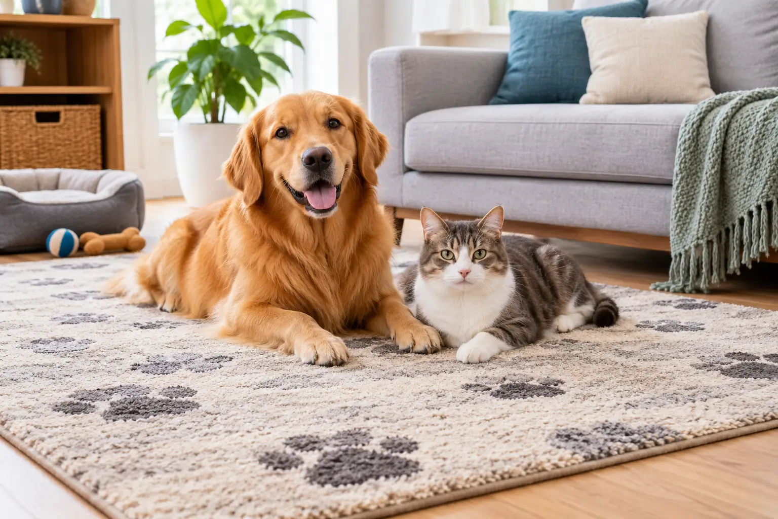 Best Rugs for Pets featuring a dog and cat relaxing on a pet-friendly rug in a cozy living room.