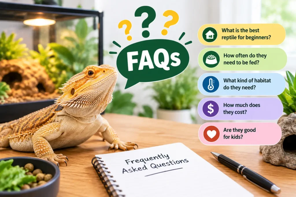 Frequently Asked Questions about beginner pet reptiles, featuring a bearded dragon, terrarium, and common reptile care questions.