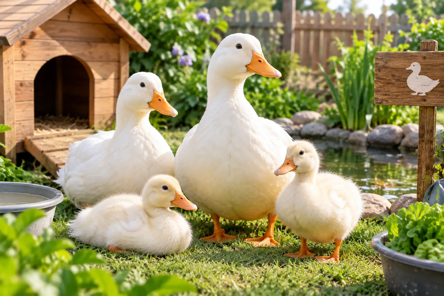 Pekin Ducks as pets, with adult white ducks and ducklings in a sunny backyard near a pond and wooden coop.