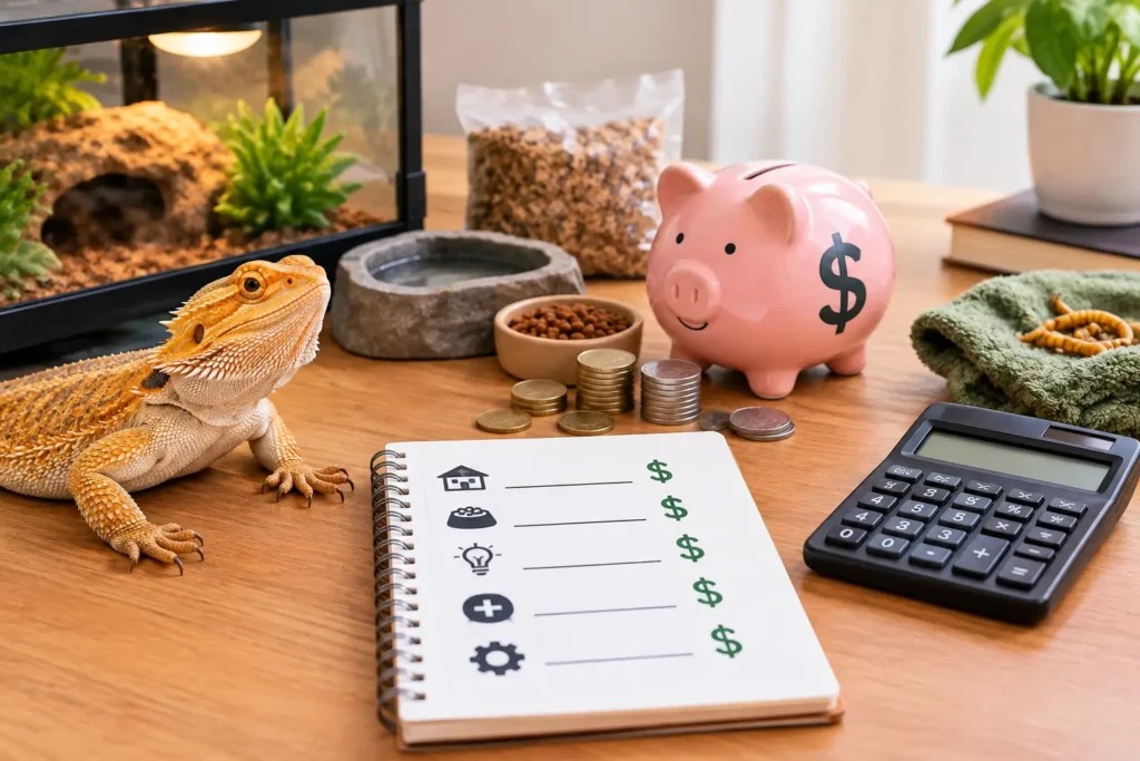 Real cost breakdown of owning a pet, showing a bearded dragon, terrarium supplies, food, coins, savings piggy bank, and calculator.
