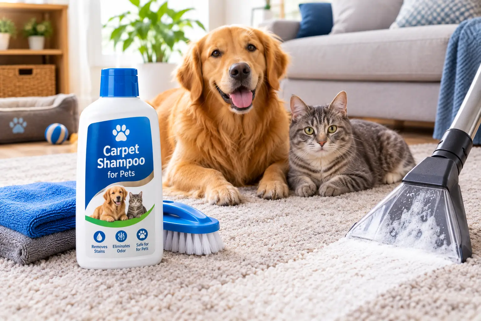 Best carpet shampoo for pets with a dog and cat, cleaning brush, and carpet cleaner in a living room.