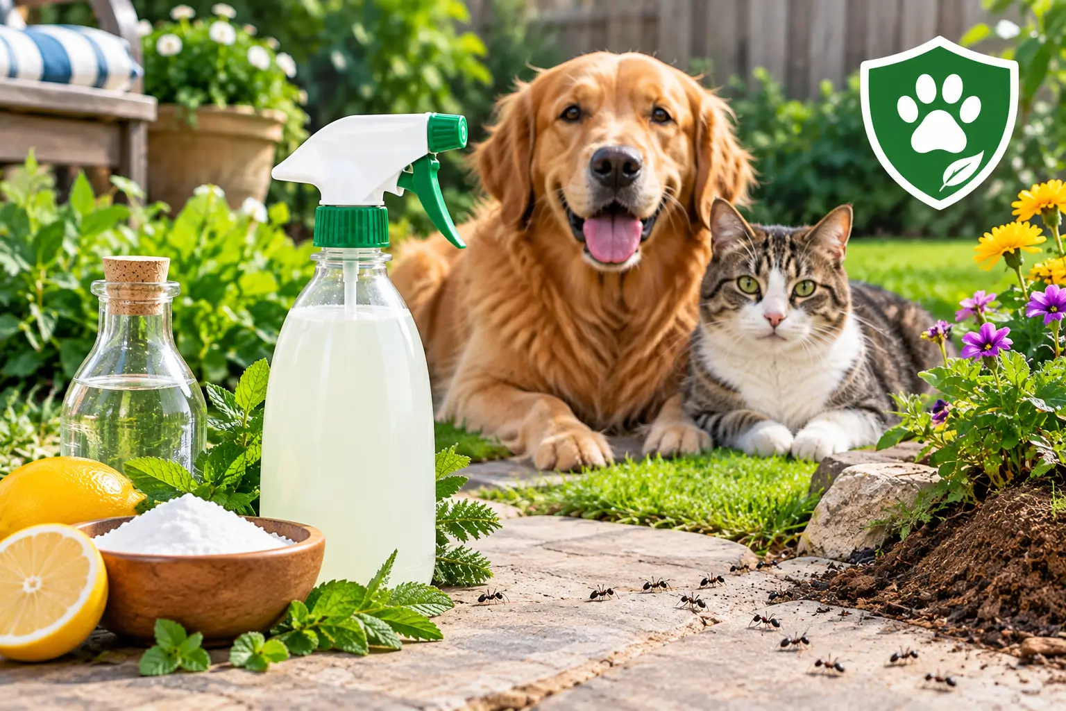 Best outdoor ant killer safe for pets, with a spray bottle, natural ingredients, ants, and pets in a garden.