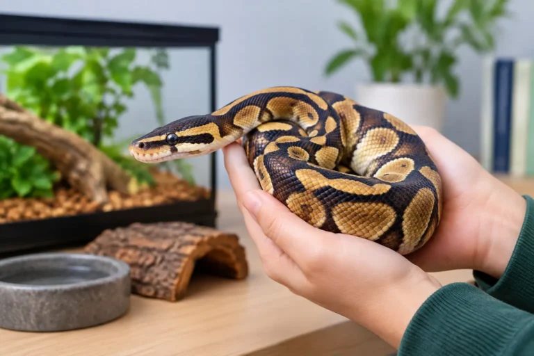 Best snake pets — a calm pet snake being gently held near a well-equipped terrarium.
