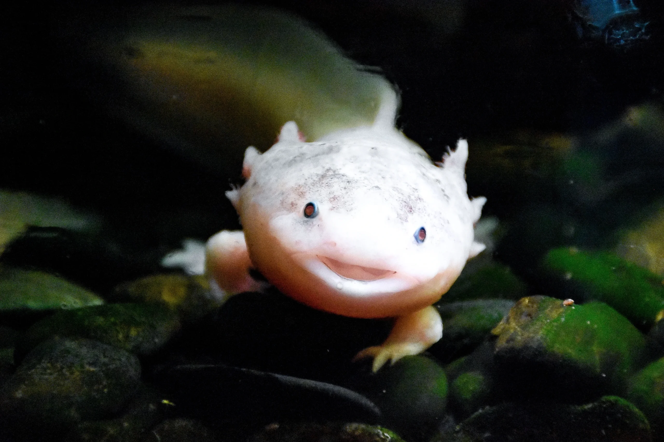 pink axolotl as a pet resting in a home aquarium tank