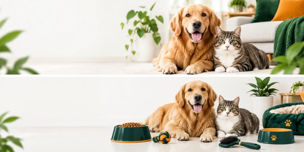 Pet care guide showing a dog and cat with tips for choosing the right pet based on lifestyle, living space, and budget.